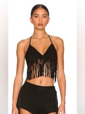 Lamarque Black Fringe Halter Crop Camisole